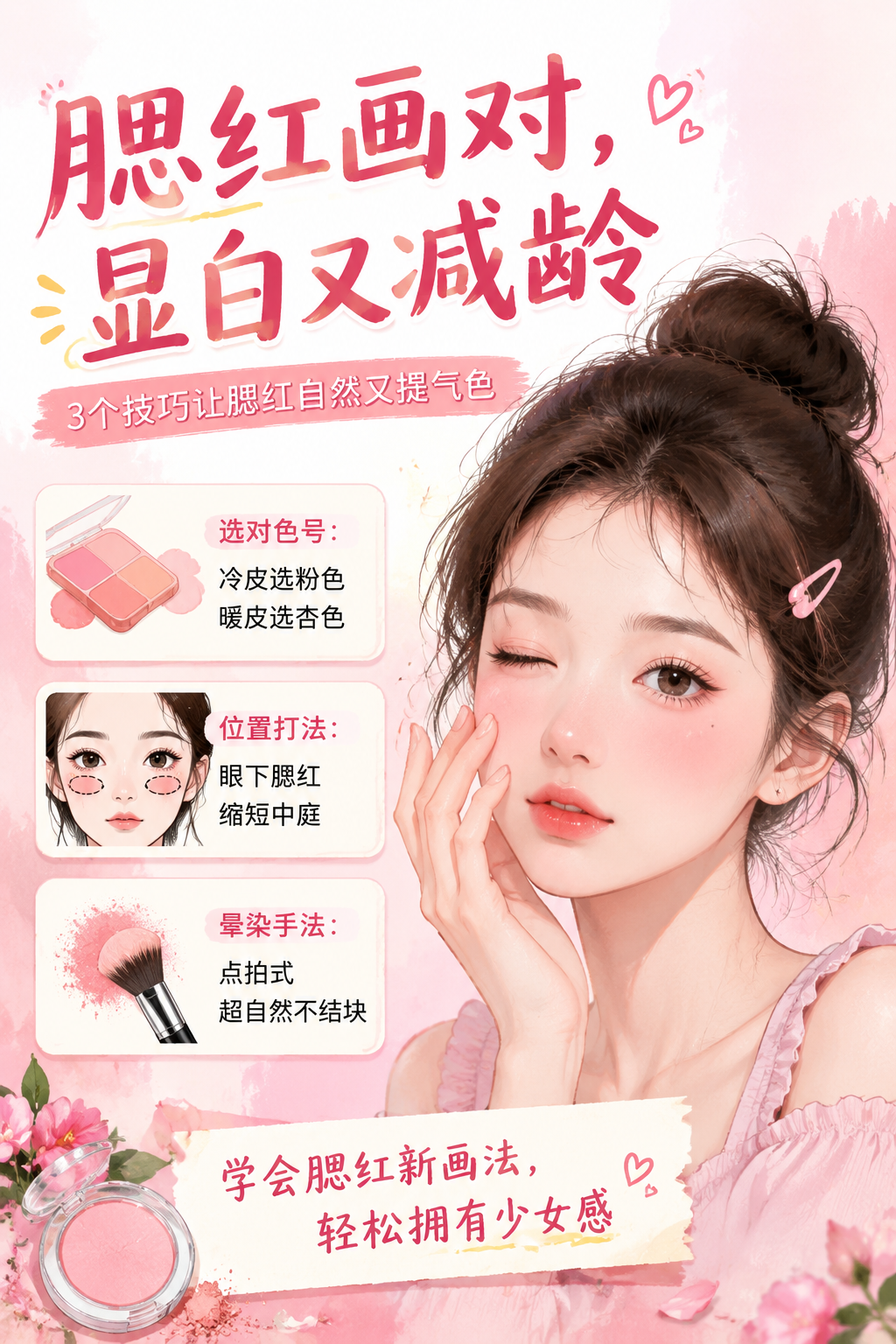 腮红画对，显白又减龄